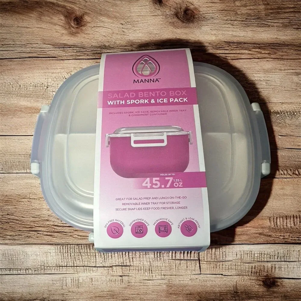 Salad Bento‎ Box Container 4-Compartment Tray with Spork & Ice Pack Pink